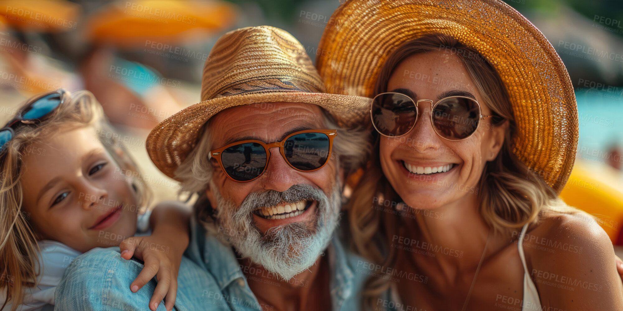 Buy stock photo Portrait family,  travel and girl smile on holiday on beach with parents, excited on tropical island and happy on vacation by sea. Mother and father with love for child on smiling during spring