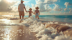 Vacation, father and child walking on beach during sunset summer vacation in Hawaii with silhouette, clouds and water background. Holding hands with ocean or sea view on tropical holiday in nature