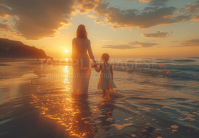 Vacation, mother and child walking on beach during sunset summer vacation in Hawaii with silhouette, clouds and water background. Holding hands with ocean or sea view on tropical holiday in nature