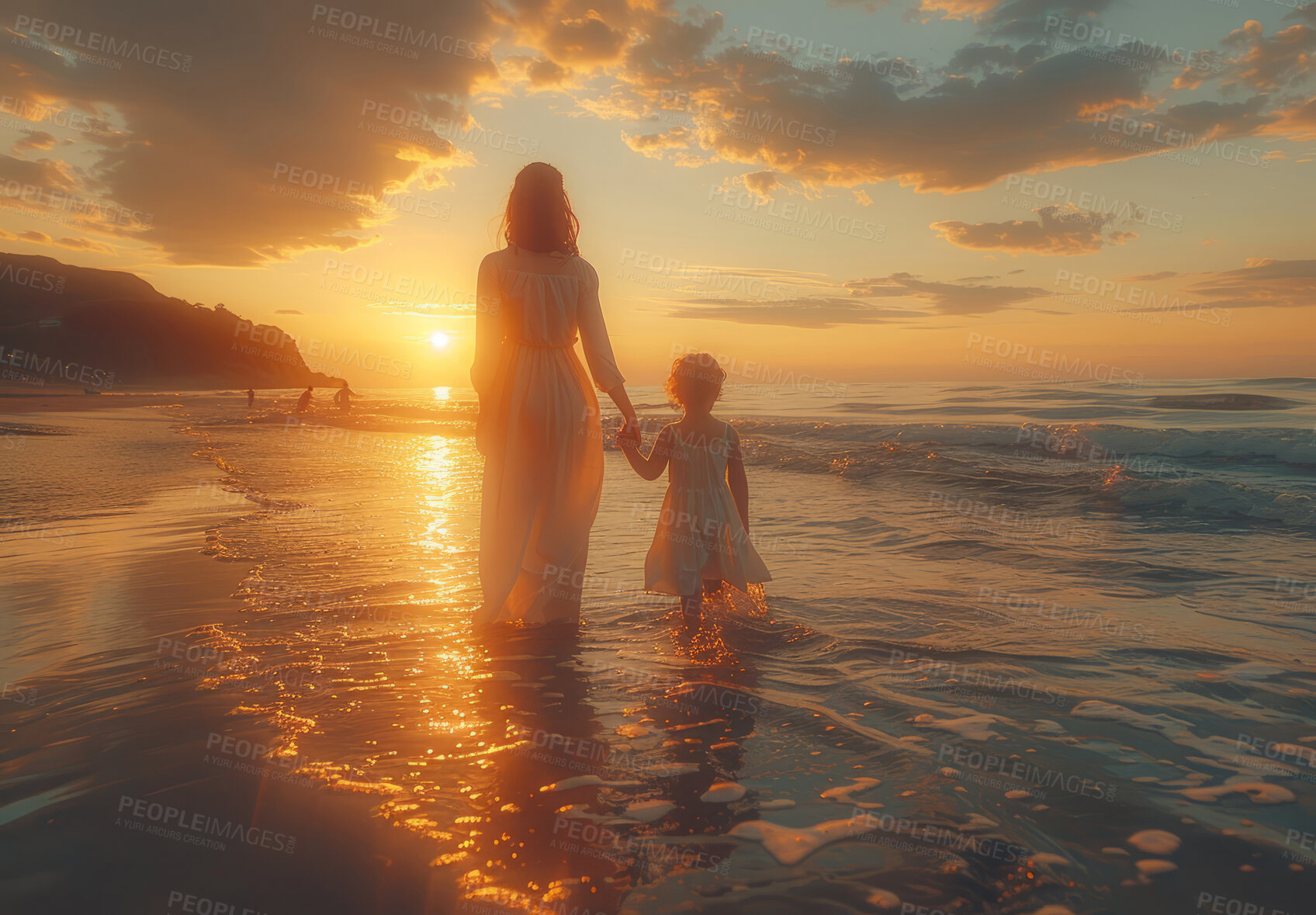 Buy stock photo Vacation, mother and child walking on beach during sunset summer vacation in Hawaii with silhouette, clouds and water background. Holding hands with ocean or sea view on tropical holiday in nature