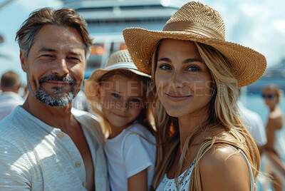 Portrait family, travel and girl smile on holiday in Spain with parents, standing by luxury ship and happy on vacation by sea. Mother and father with love for child on harbour during spring