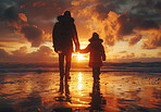 Vacation, child and family walking on beach during sunset summer vacation in Hawaii with silhouette, clouds and water background. Holding hands with ocean or sea view on tropical holiday in nature