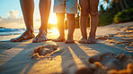 Vacation, feet and family walking on beach during sunset summer vacation in Hawaii with silhouette, clouds and water background. Holding hands with ocean or sea view on tropical holiday in nature