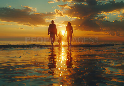 Vacation, child and family walking on beach during sunset summer vacation in Hawaii with silhouette, clouds and water background. Holding hands with ocean or sea view on tropical holiday in nature
