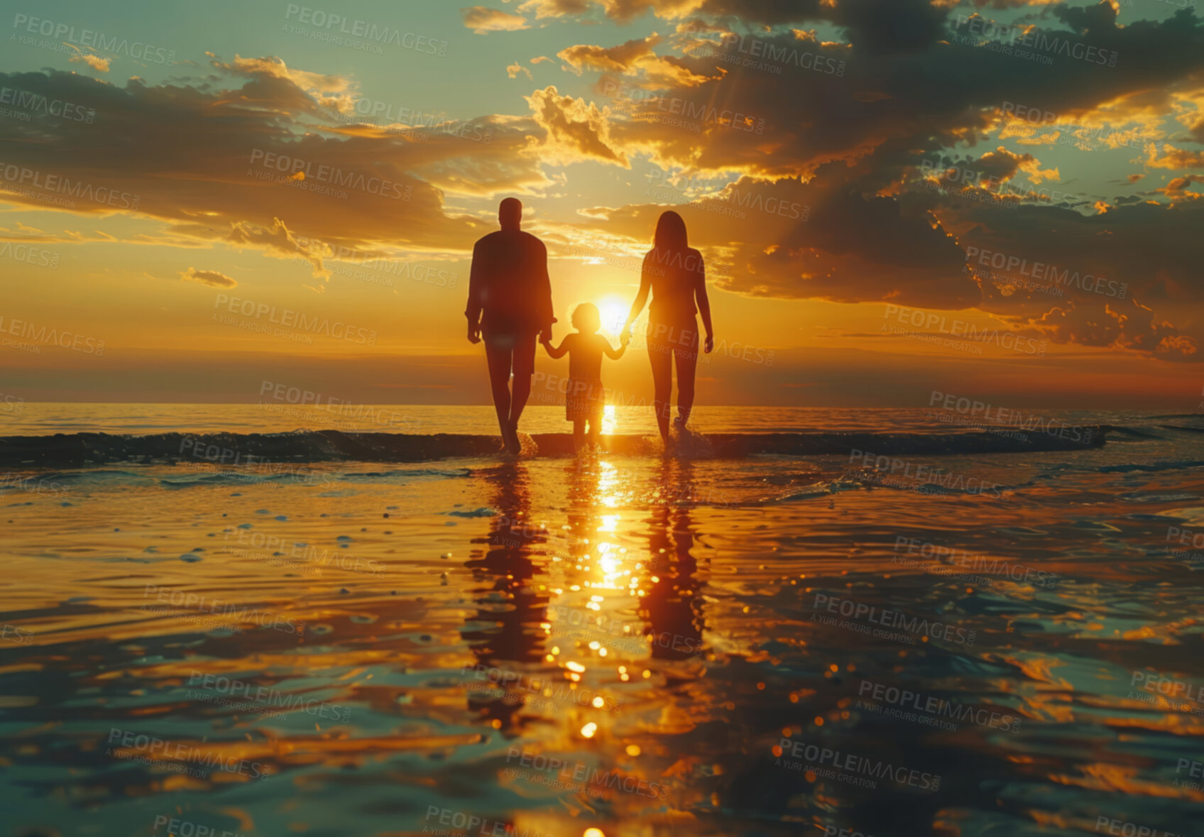 Buy stock photo Vacation, child and family walking on beach during sunset summer vacation in Hawaii with silhouette, clouds and water background. Holding hands with ocean or sea view on tropical holiday in nature