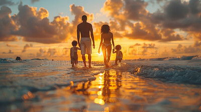 Vacation, child and family walking on beach during sunset summer vacation in Hawaii with silhouette, clouds and water background. Holding hands with ocean or sea view on tropical holiday in nature