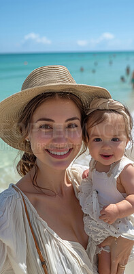 Portrait family, travel and girl smile on holiday on beach with parent, excited on tropical island and happy on vacation by sea. Mother and daughter with love for child on smiling during spring