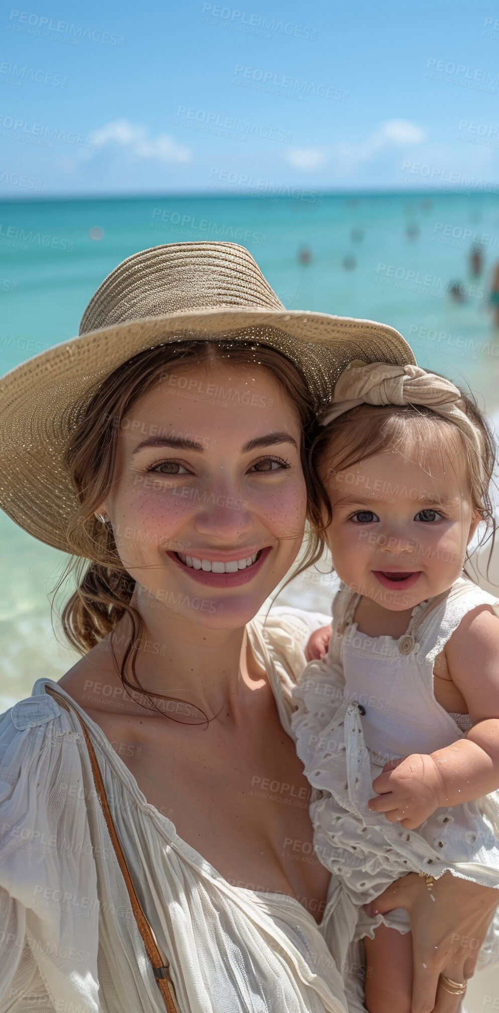 Buy stock photo Portrait family, travel and girl smile on holiday on beach with parent, excited on tropical island and happy on vacation by sea. Mother and daughter with love for child on smiling during spring