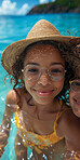 Portrait family, travel and girl smile on holiday on beach with parent, excited on tropical island and happy on vacation by sea. Mother and daughter with love for child on smiling during spring