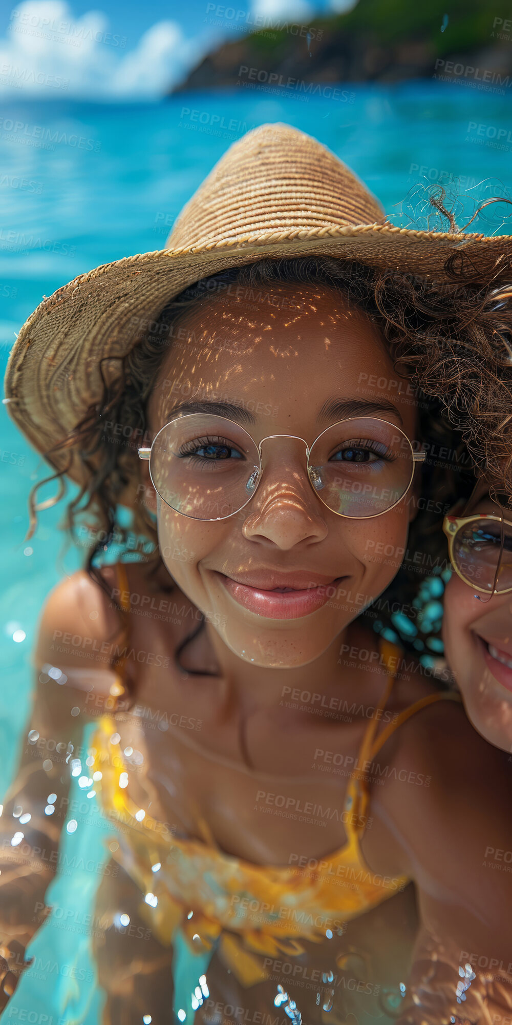 Buy stock photo Portrait family, travel and girl smile on holiday on beach with parent, excited on tropical island and happy on vacation by sea. Mother and daughter with love for child on smiling during spring