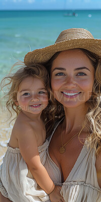 Portrait family, travel and girl smile on holiday on beach with parent, excited on tropical island and happy on vacation by sea. Mother and daughter with love for child on smiling during spring