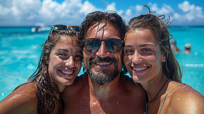 Portrait family, travel and girl smile on holiday on beach with parent, excited on tropical island and happy on vacation by sea. Daughter and father with love for fun on smiling during spring