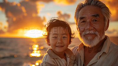 Asian family, portrait and boy smile on holiday on beach with grandparent, excited on tropical island and happy on vacation by sea. Father and grandson with love for child on smiling during spring