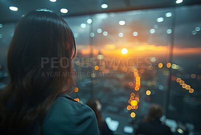 Office, city and business woman standing in building, boardroom with sunset views. Bokeh, silhouette and blurry background for meeting, company and conference in modern times