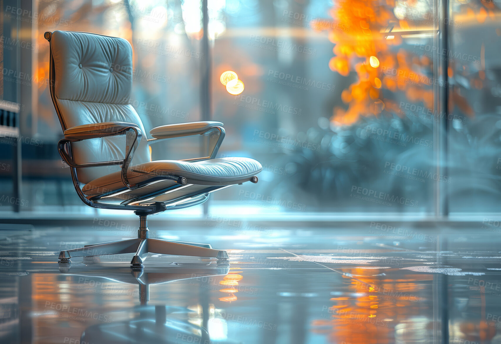 Buy stock photo Desk, Chair and business portrait of empty office in building, city with large windows. Plants, views and blurry background for meeting, company and conference in modern times