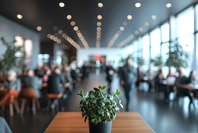 Office, plant and business place of people working in cafeteria, boardroom with large space. bokeh, silhouette and blurry background for meeting, company and conference in modern times