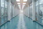 Building, hallway and call centre with people working in cafeteria, call centre or large space. Bokeh, hospital and blurry background for meeting, company and conference in modern times