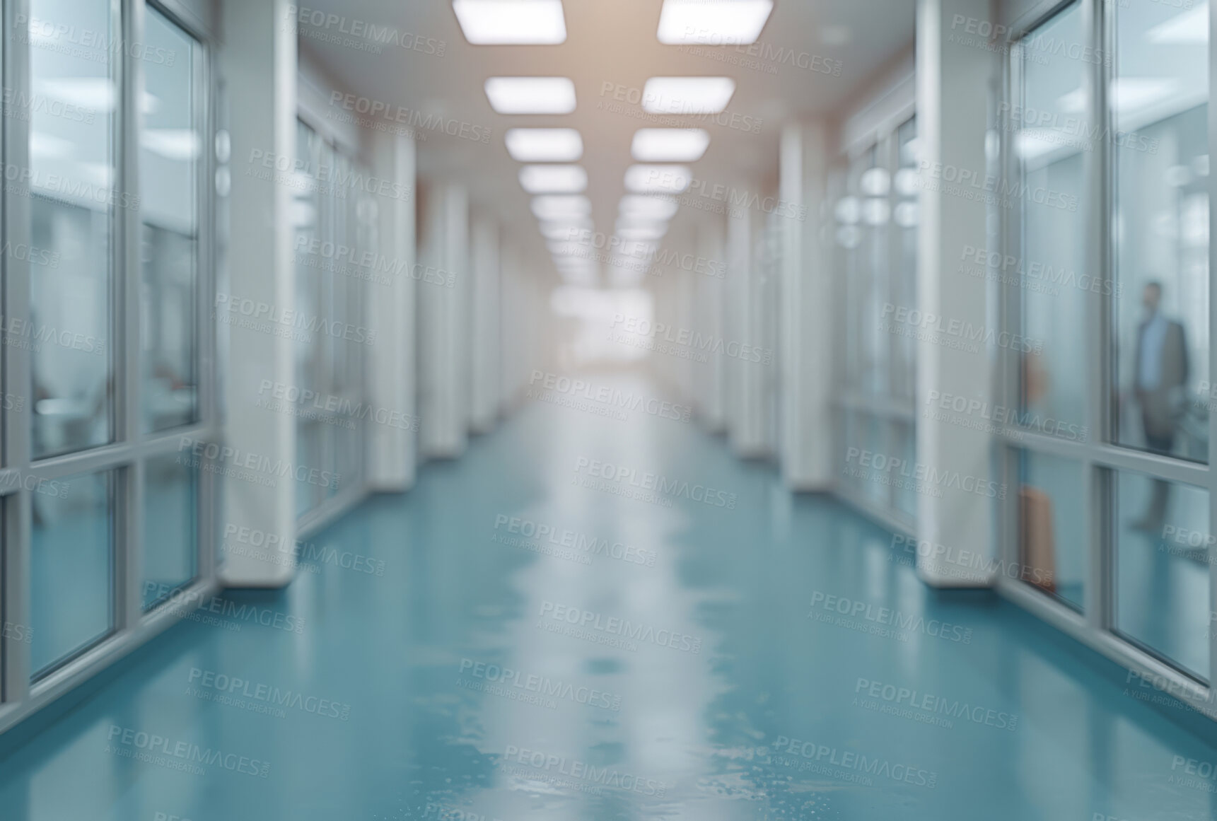 Buy stock photo Building, hallway and call centre with people working in cafeteria, call centre or large space. Bokeh, hospital and blurry background for meeting, company and conference in modern times