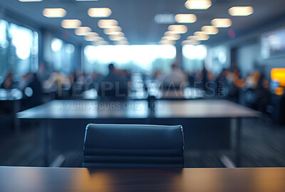 Business, chair and call centre with people working in cafeteria, call centre or large space. Bokeh, silhouette and blurry background for meeting, company and conference in modern times