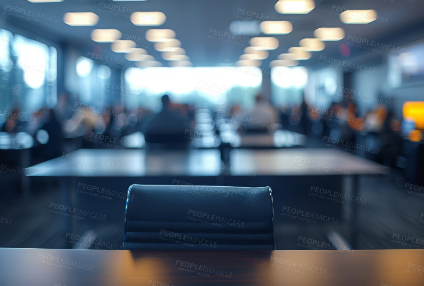 Buy stock photo Business, chair and call centre with people working in cafeteria, call centre or large space. Bokeh, silhouette and blurry background for meeting, company and conference in modern times