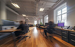 Office, movement and business of people working in cafeteria, boardroom with large space. Blur, silhouette and blurry background for meeting, company and conference in modern times