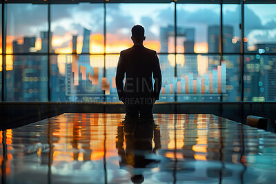 Businessman, anonymous and silhouette with city views in office, boardroom or building. Windows, table and background for strategy, agreements and negotiation in modern corporate scene