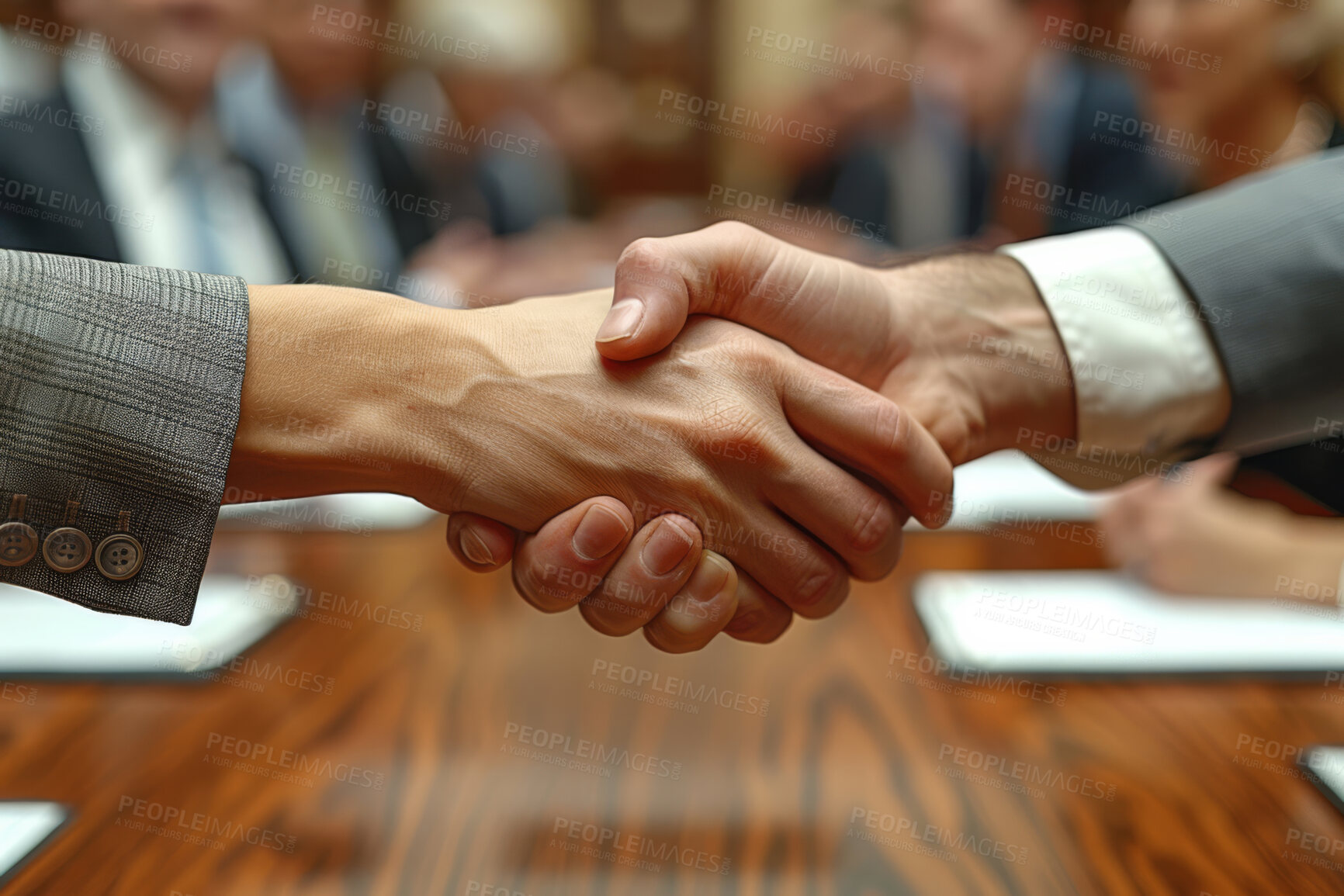 Buy stock photo Handshake, partnership and close up  with business people in the office for an agreement or deal together. Thank you, interview and welcome with corporate men shaking hands for greeting during a meeting