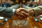 Handshake, partnership and close up  with business people in the office for an agreement or deal together. Thank you, interview and welcome with corporate men shaking hands for greeting during a meeting