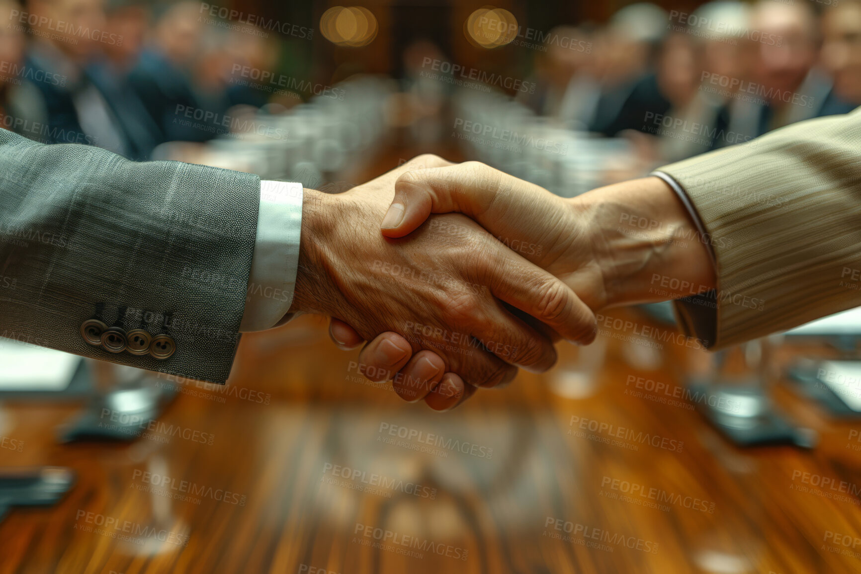 Buy stock photo Handshake, partnership and close up  with business people in the office for an agreement or deal together. Thank you, interview and welcome with corporate men shaking hands for greeting during a meeting