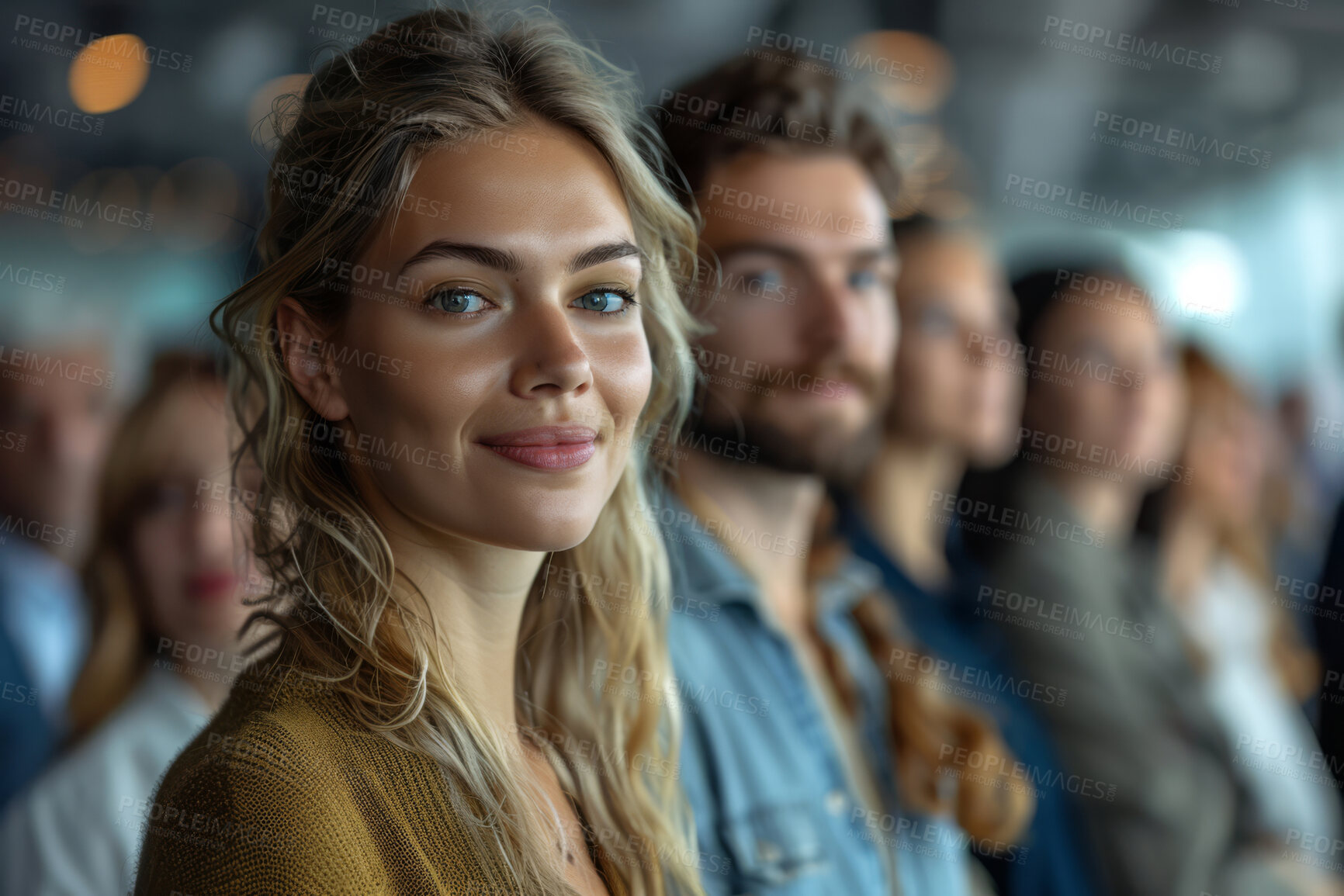 Buy stock photo Corporate, portrait and business group of people standing in large office, conference room or hallway. Blurry, silhouette and bokeh background for meeting, company and conference in modern times