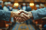 Handshake, partnership and close up  with business people in the office for an agreement or deal together. Thank you, interview and welcome with corporate men shaking hands for greeting during a meeting