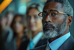 Corporate, portrait and business group of people standing in large office, conference room or hallway. Blurry, silhouette and bokeh background for meeting, company and conference in modern times