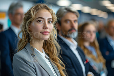 Corporate, portrait and business group of people standing in large office, conference room or hallway. Blurry, silhouette and bokeh background for meeting, company and conference in modern times