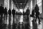 Corporate, building and business group of people walking in large office, hotel or hallway. Blurry, silhouette and movement background for architecture, wallpaper and conference