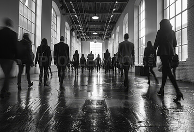 Corporate, building and business group of people walking in large office, hotel or hallway. Blurry, silhouette and movement background for architecture, wallpaper and conference