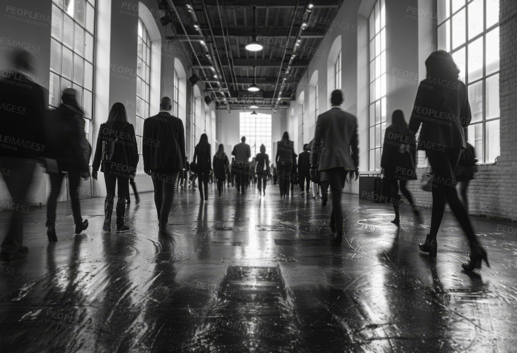 Buy stock photo Corporate, building and business group of people walking in large office, hotel or hallway. Blurry, silhouette and movement background for architecture, wallpaper and conference