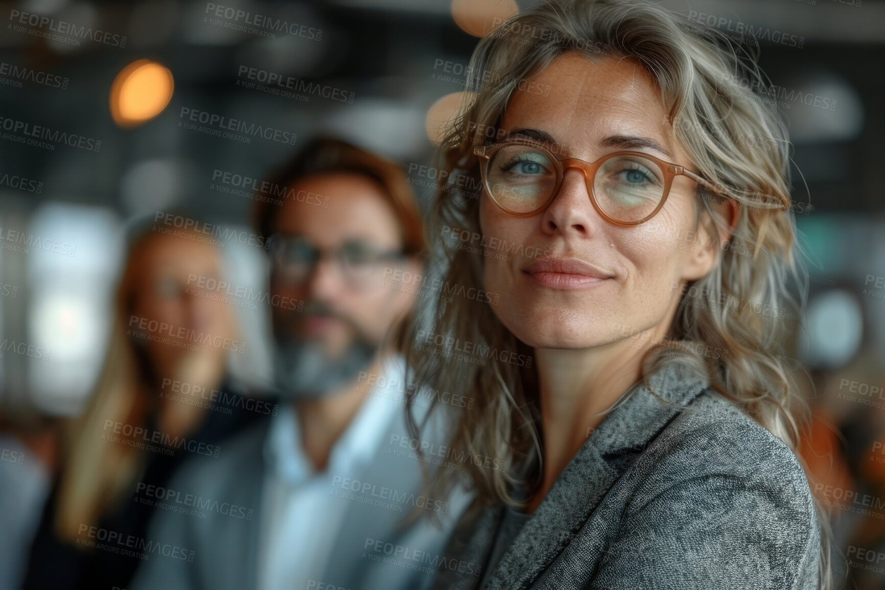 Buy stock photo Corporate, portrait and business group of people standing in large office, conference room or hallway. Blurry, silhouette and bokeh background for meeting, company and conference in modern times