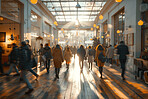 Corporate, building and business group of people walking in large office, hotel or hallway. Blurry, silhouette and movement background for architecture, wallpaper and conference in modern times