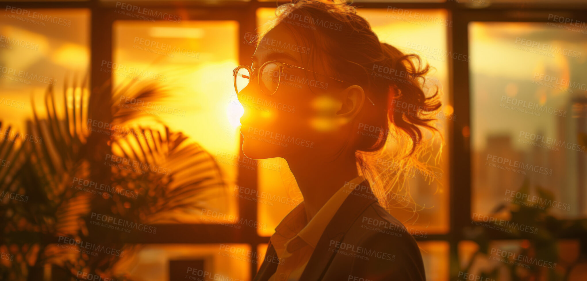 Buy stock photo Office, silhouette and business woman of people working in cafeteria, boardroom with large windows. Sunset, silhouette and city background for meeting, company and conference in modern times