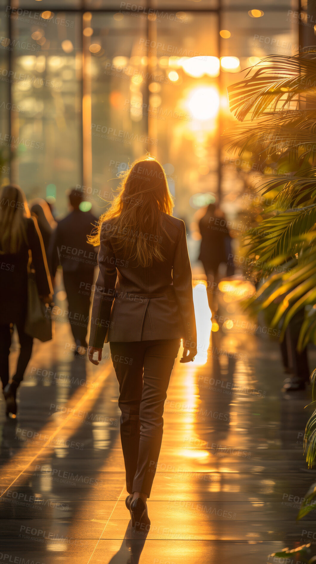 Buy stock photo Office, silhouette and business person of people working in cafeteria, boardroom with large windows. Sunset, silhouette and city background for meeting, company and conference in modern times