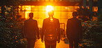 Corporate, building and business group of people walking in large office, hotel or hallway. Blurry, silhouette and movement background for architecture, wallpaper and conference in modern times