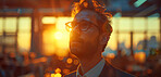 Office, silhouette and businessman standing in cafeteria, boardroom with large windows. Sunset, silhouette and city background for meeting, company and conference in modern times