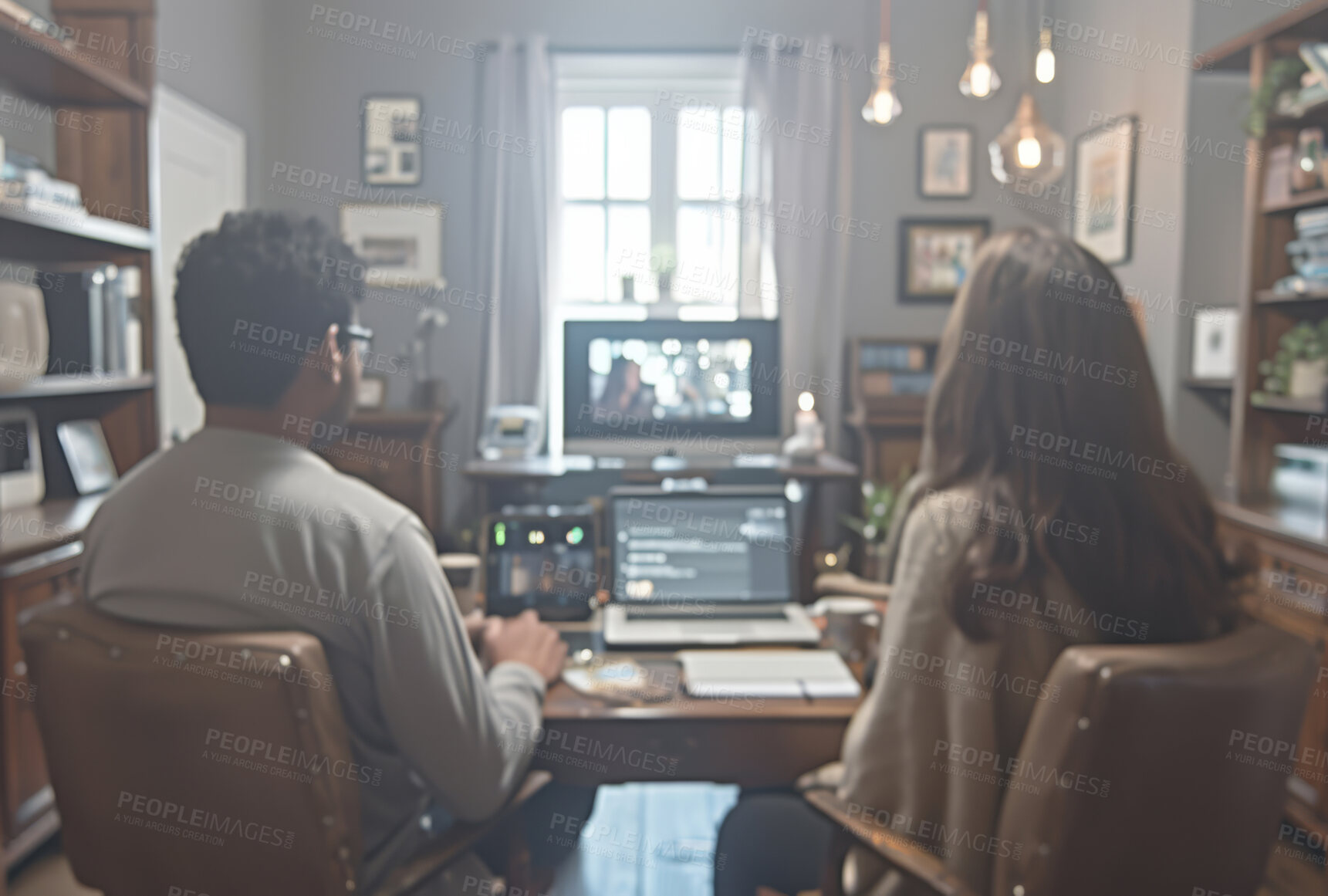 Buy stock photo Businessman, meeting and laptop or business plan in office, boardroom or desk. Screens, monitors and background for strategy, agreements and negotiation in modern work scene