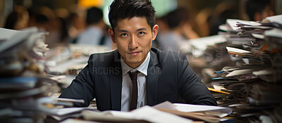 Asian man, portrait and business person sitting in busy office, conference room or studio. Pile of documents, files and corporate background for administration, company and work in modern times