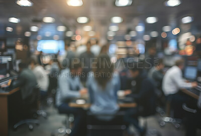 Office, workers and business group of people working in large office, conference room or stock market. Blurry, silhouette and bokeh background for meeting, company and conference in modern times