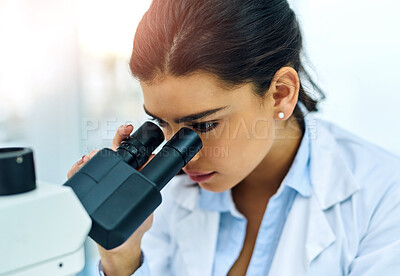Buy stock photo Research, woman and scientist with microscope in lab for medical study. Healthcare, science and female doctor with scope equipment for sample analysis, particle testing and laboratory experiment.