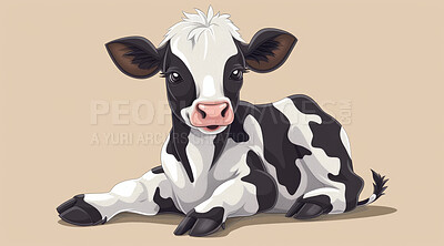 Cow, illustration and digital art of an animal isolated on a background for poster, post card or printing. Cute, creative and drawing of a cartoon character for wallpaper, canvas and decoration