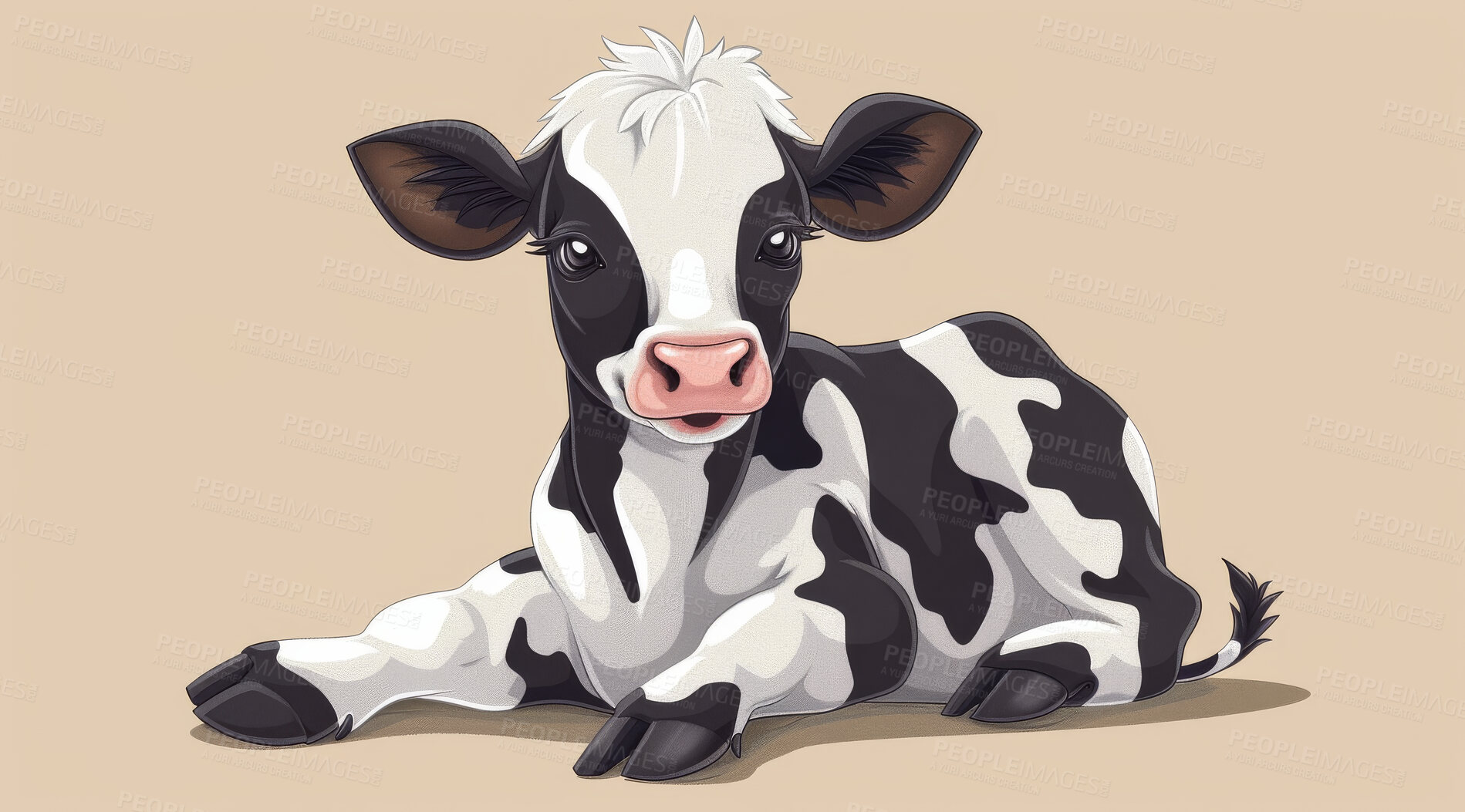 Buy stock photo Cow, illustration and digital art of an animal isolated on a background for poster, post card or printing. Cute, creative and drawing of a cartoon character for wallpaper, canvas and decoration