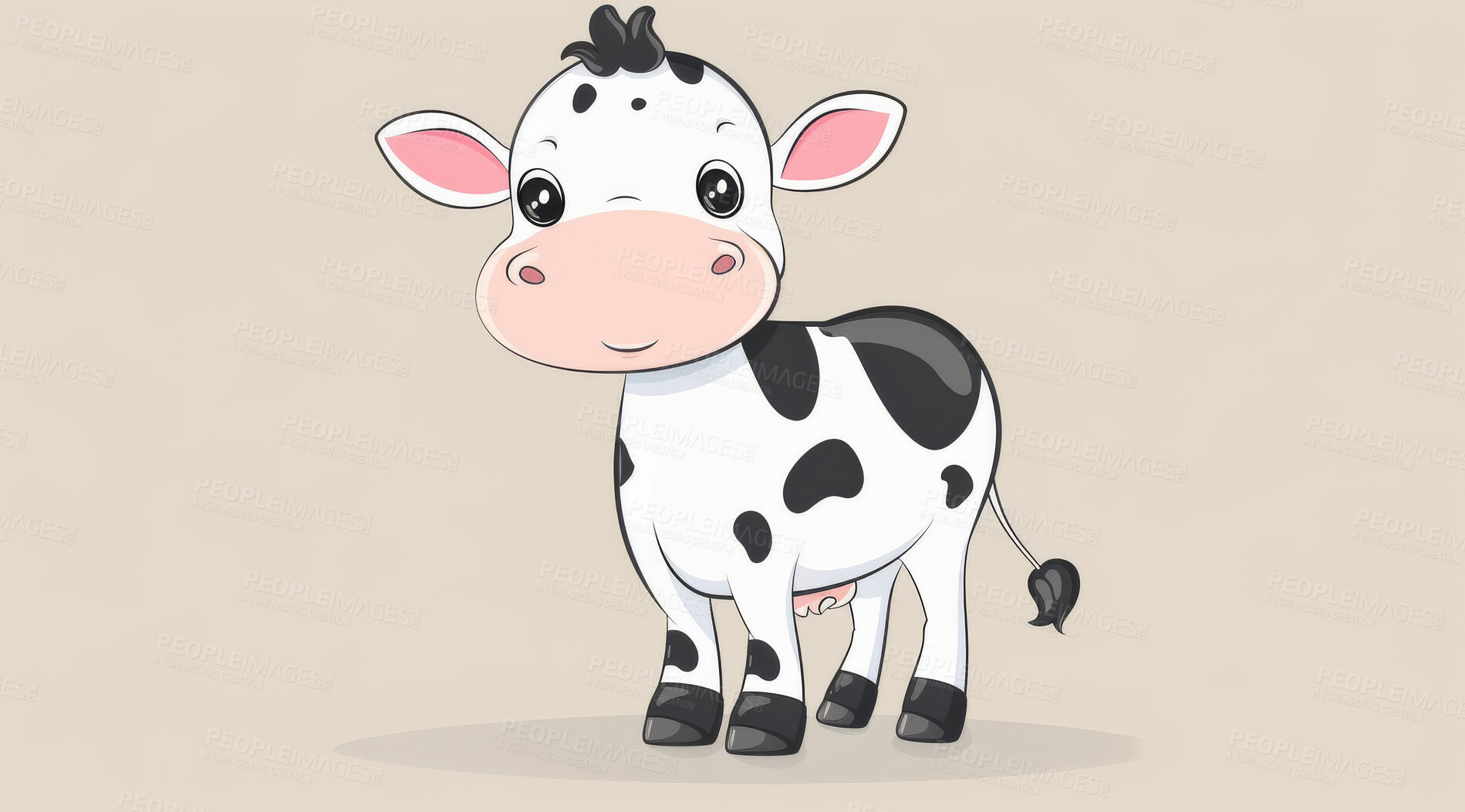 Buy stock photo Cow, illustration and digital art of an animal isolated on a background for poster, post card or printing. Cute, creative and drawing of a cartoon character for wallpaper, canvas and decoration