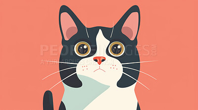 Buy stock photo Cat, illustration and digital art of an animal isolated on a background for poster, post card or printing. Cute, creative and drawing of a cartoon character for wallpaper, canvas and decoration